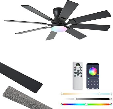 52 inch Ceiling Fan with Light, 6 Speeds Reversible Low Profile Ceiling Fan with Light and Remote/APP Control, 3 Color Temp+Dimmable RGB, 8 Blades, Flush Mount Quiet Ceiling Fans, Black 52 inch Ceiling Fan with Light, 6 Speeds Reversible Low Profile Ceiling Fan with Light and Remote/APP Control, 3 Color Temp+Dimmable RGB, 8 Blades, Flush Mount Quiet Ceiling Fans, Black