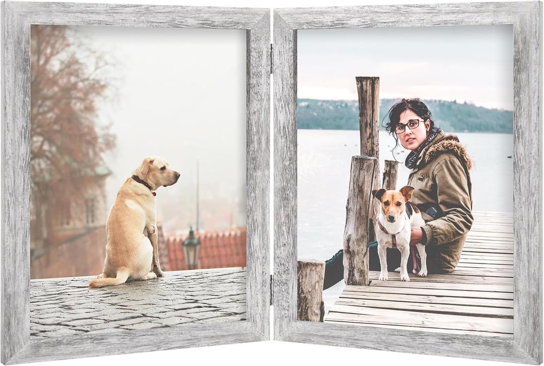 FOREV 8x10 Double Picture Frame Wooden Hinged Photo Frame Definition Glass Stand Vertically on Desktop or Tabletop Distressed White
