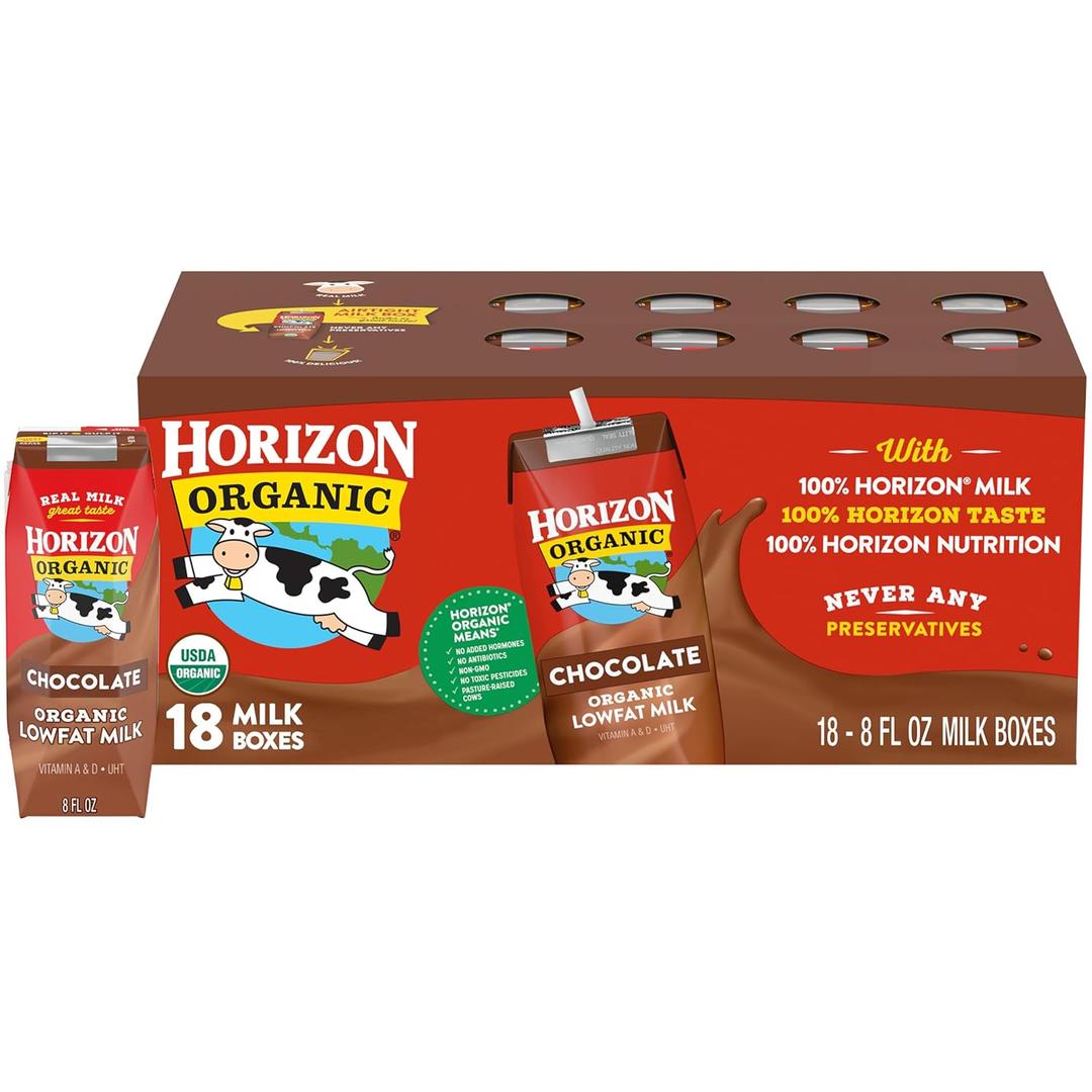 Horizon Organic Shelf Stable 1% Lowfat Chocolate Milk Boxes, 8 fl oz, 18 Count - 8g Protein per Serving, USDA Organic, Ready to Drink for Lunchbox, Travel, or On-the-Go, No Refrigeration Needed (EXP 11/15/26)