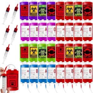 MGparty 80 Pack Halloween Blood Bag Props, Refillable Pouches with Straws and Filling Tools, Spooky Accessories for Zombie Vampire Theme Party Supplies