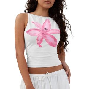 Women Y2k Floral Print Spaghetti Strap Crop Tank Tops Cute Boat Neck Tight Fitted Sleeveless Camisole Going Out (M)