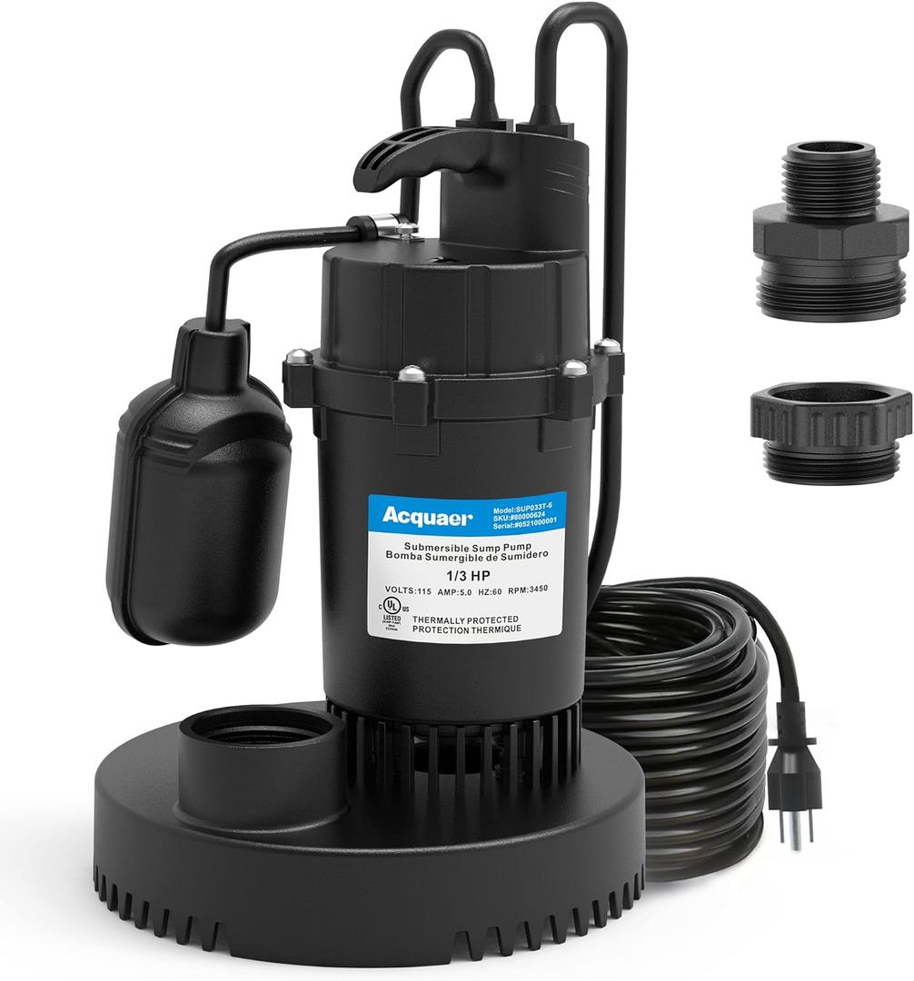 Acquaer 1/3 HP Sump Pump, 3040 GPH Submersible Clean/Dirty Water Pump with Automatic Float Switch and 10ft Power Cord Sub Pump for Basement, Pool, Pond, Drain, Flooded Cellar, Aquarium and Irrigation