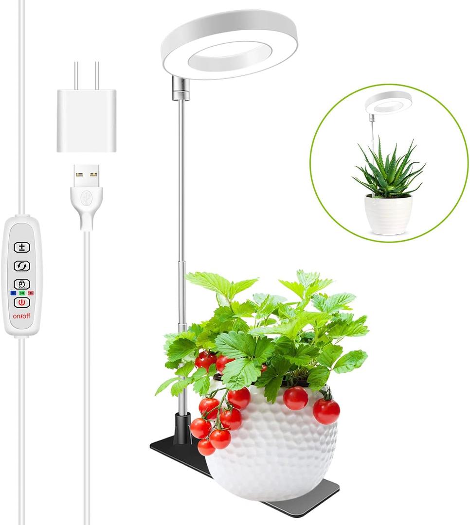Grow Lights for Indoor Plants, Full Spectrum Halo Growing lamp with Detachable Base, Height Adjustable, 3 Colors, 10 Dimming, Automatic Timer, Plant Light for Succulents Small Plants (White-3.4in)