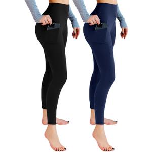 2 Pack Leggings with Pockets for Women, High Waisted Soft Leggings for Yoga Gym (Large-X-Large, Black/Navy Blue)