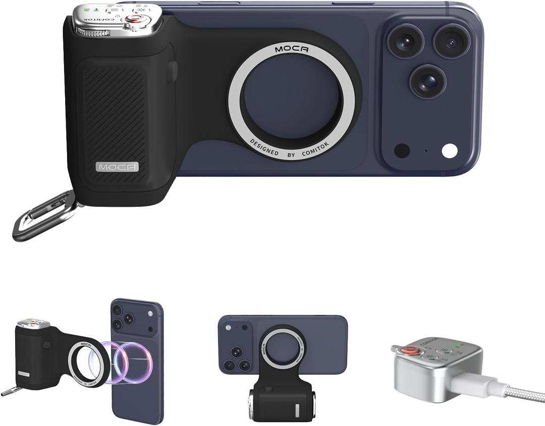 COMITOK Magnetic Camera Grip for iPhone 17 Pro, No App Needed for iOS26 System, Compatible with iOS 17/18, Detachable Remote & Anti-Drop Design, Fun Handheld Grip for Vlogging and Travel
