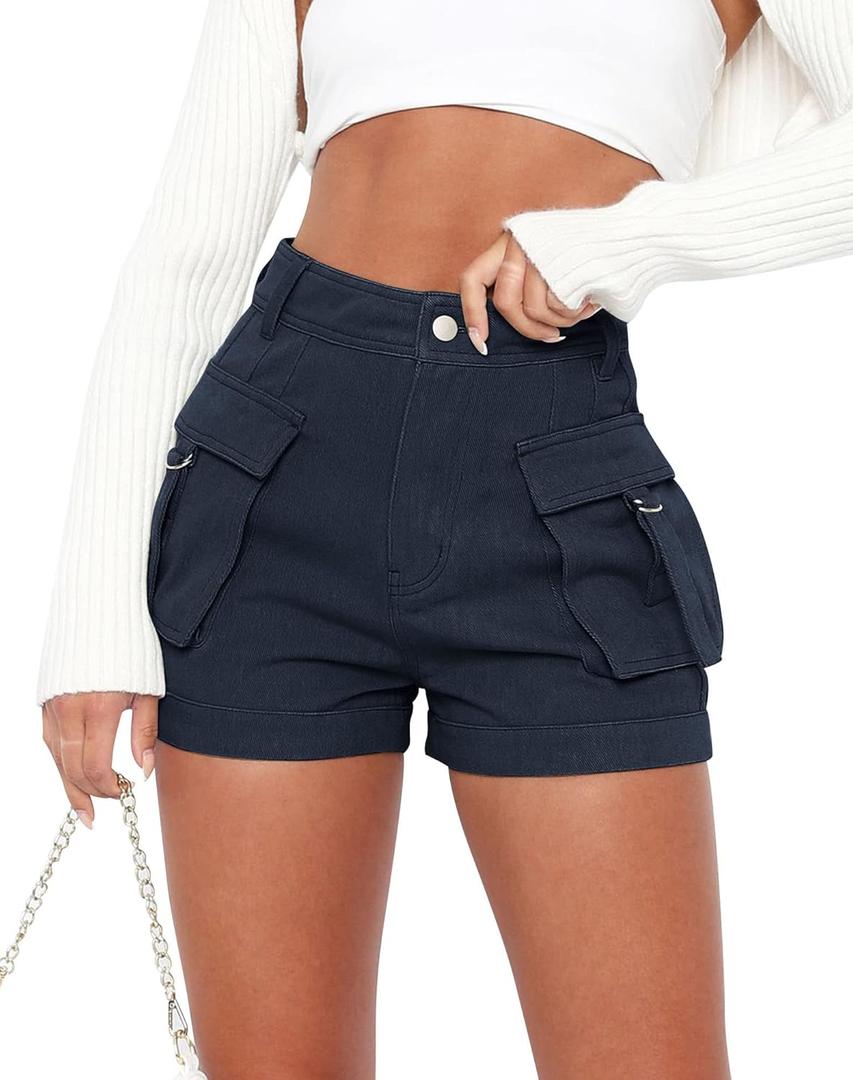 Minthunter Women's Casual High Waist Cargo Shorts with Pockets Summer Short Hot Pants (Small, Blue)