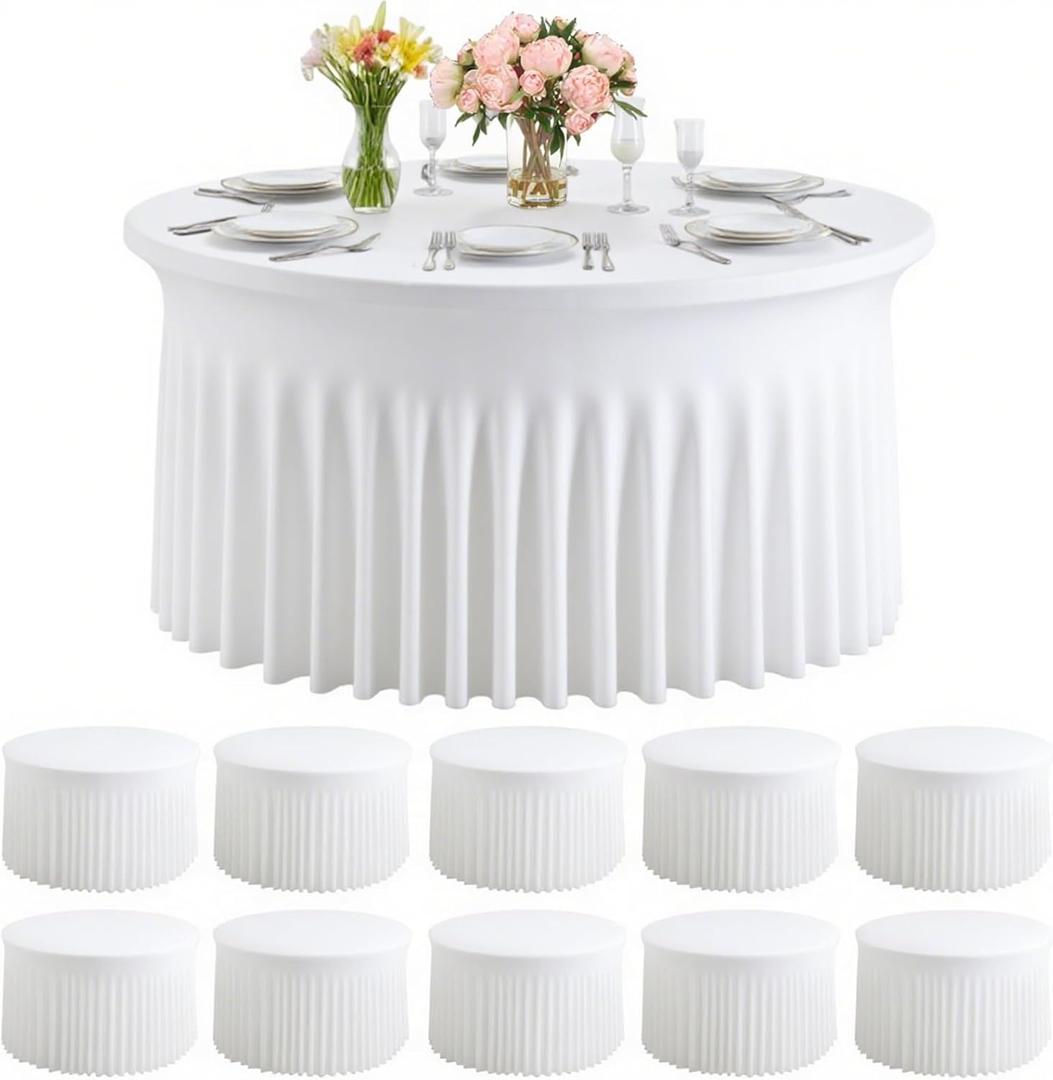 10 Pack White Round Spandex Tablecloths for 60 inch Tables, 120 Inch Stretchy Fitted 5FT Tablecloths, Wrinkle Free Table Covers Washable Polyester Table Cloths for Wedding Party Birthday Banquet