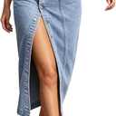 Nihsatin Women's Button Front Split Denim Midi Skirt High Waist Slim Fit Pencil Skirt (Medium, Blue)