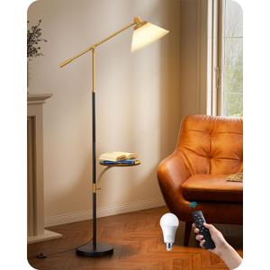 EDISHINE 68" Arc Floor Lamp with Table, Vintage Standing Lamp for Living Room with Tray, Height Adjustable, 5 Color Temperatures LED Bulb Included, Beige Shade, for Bedroom Office, Wood Grain
