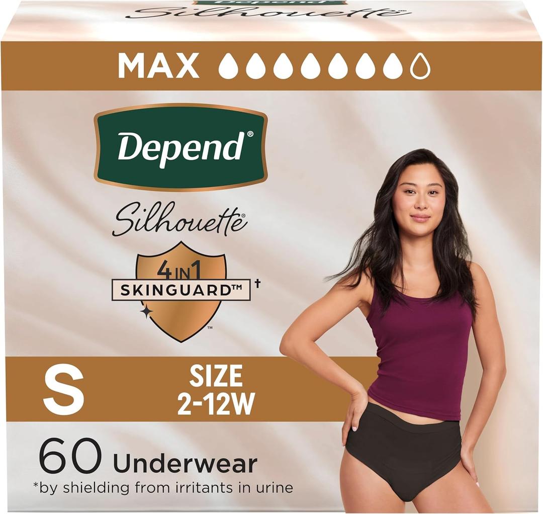 Depend Silhouette Adult Diapers, Incontinence & Postpartum Bladder Leak Underwear for Women, Maximum Absorbency, Small, Black, 60 Count (2 Packs of 30), 