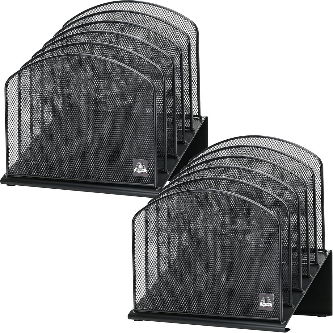 Delifox 2 Pack Inclined Desk File Organizer, 5 Slot Desktop File Folder Holder Document Holder Sorter Organization and Accessories for Office School Classroom (Black)