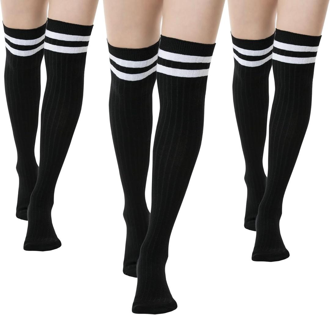 Thigh-High Socks | Womens Striped Cotton Thigh High Tube Sock | Over Knee Boot Socks (Black) 5-11, Black W White Stripes