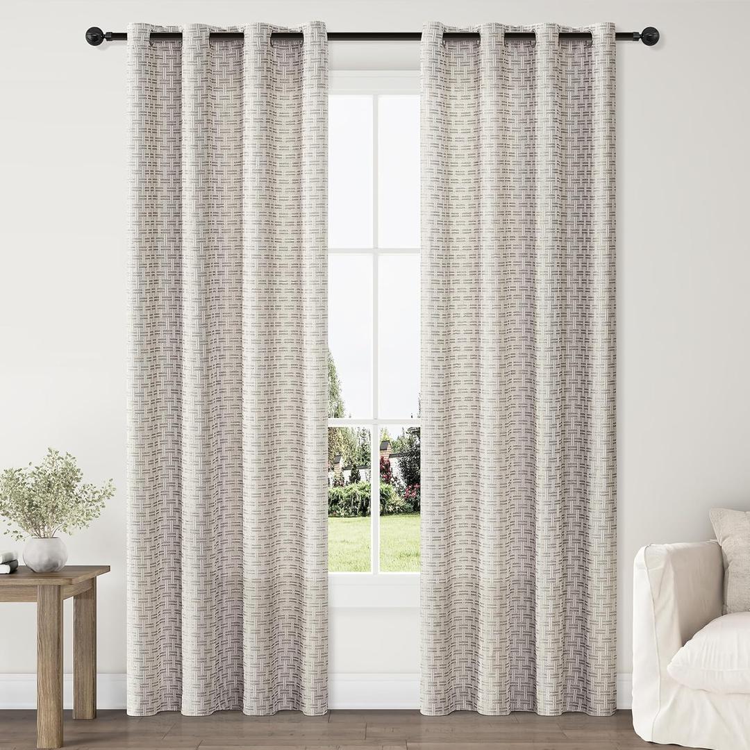 ChrisDowa Semi Sheer Linen Beige Gray Curtains 72 Inches Long 2 Panels for Living Room Dining Room Vintage Plaid Jacquard Light Filtering Voile Grommet Window Treatments Drapes Privacy Assured,52X72