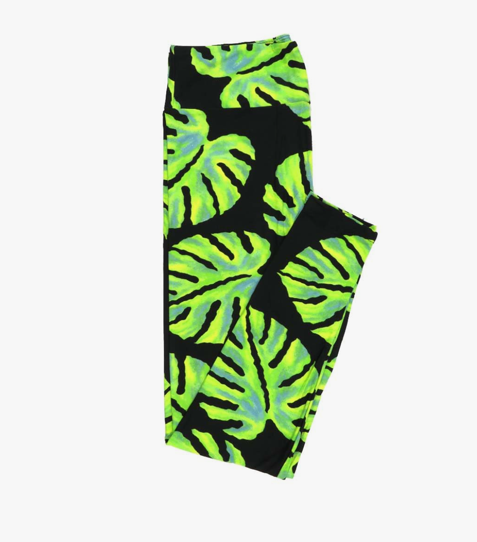 Lularoe Tall Curvy (TC fits Sizes 12-18) Palm Fern Fronds Leaves Black Green Buttery Soft Adult Leggings, 1 Pack