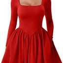 YMDUCH Women's Casual Long Sleeve Square Neck Back Belt A Line Ruffle Hem Mini Dress with Pockets (Red, M)