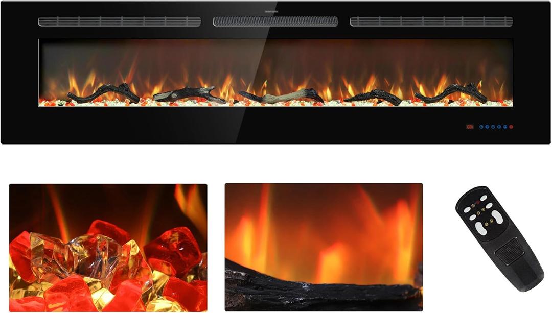 68 inches Electric Fireplace Inserts, Recessed and Wall Mounted Fireplace Heater, Linear Fireplace w/Thermostat, Remote & Touch Screen, Multicolor Flame, Timer, Log & Crystal, 750W/1500W