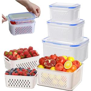 4 in 1 Food Storage Container, Fruit Storage Containers for Fridge, Produce Containers with Lid and Strainer, Including Drain Basket, Multipurpose Large Fruit Container for Fridge(Blue)