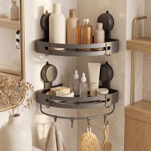 Suction Cup Shower Caddy(2-Pack Gray),Single 1.77 Inches High No-Drilling Aluminum Bathroom Organizer with Towel Bar & Hooks,Moder wall Shower Shelf and Storage Decor