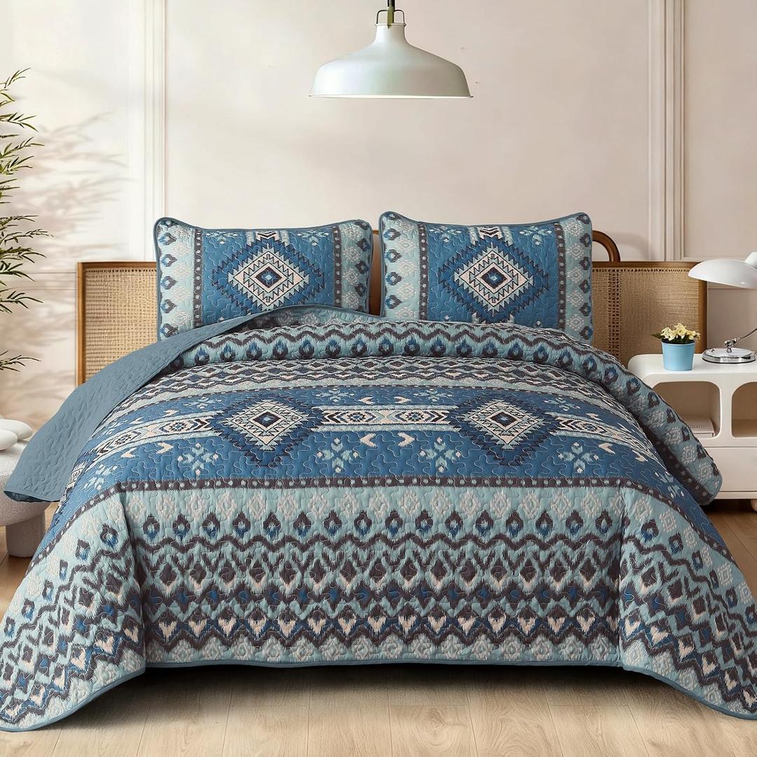 Dintszyayue Boho Quilt Set Queen Size, Aztec Western Blue Quilt Bedspread Set, 3 Pieces Bohemian Southwestern Stripe Bedding Set Soft Lightweight Coverlet Set for All Season