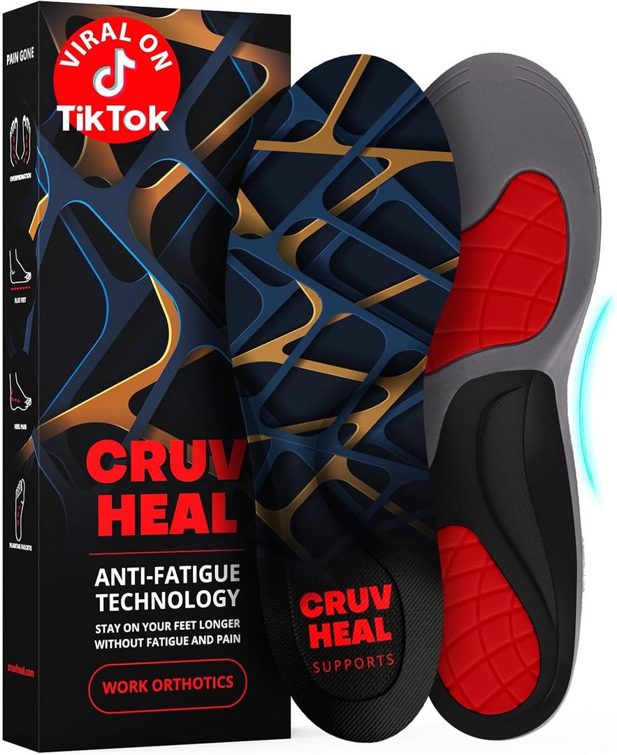 CRUVHEAL Work Orthotic Insoles - Anti Fatigue Medium Arch Support Shoe Insert Men Women - Plantar Fasciitis Flat Feet - Relieve Foot Pain - Work Boot Insoles Standing All Day (L, Blue)