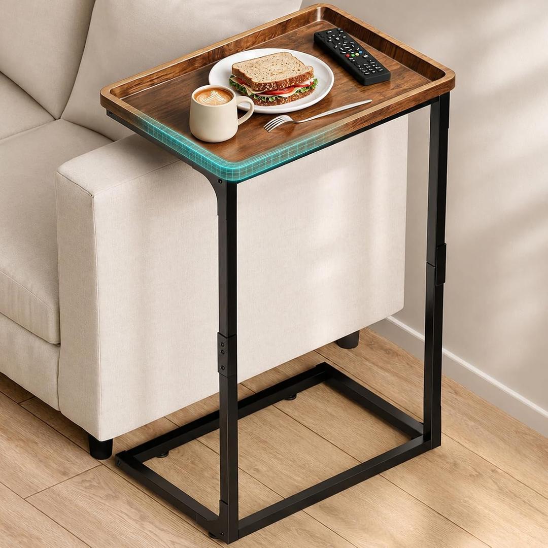 SLEEPING LAMB C Shaped End Table with TV Tray Top, 28'' Tall Sofa Arm Table, 16''L x 11.8'' W x 28''H
