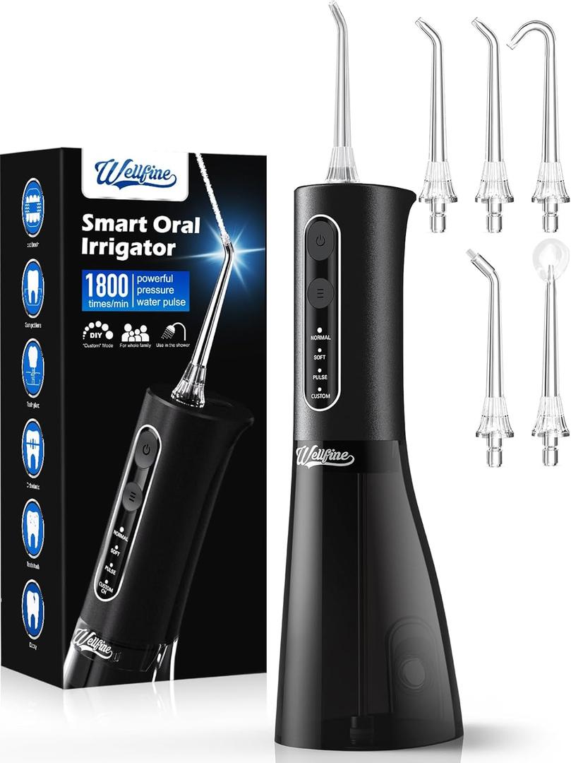 Water Dental Flosser Teeth Pick: WELLFINE Portable Cordless 4 Modes Flossers Pic 300ML Rechargeable Floss Pik Powerful IPX7 Waterproof Oral Irrigator for Cleaning Gum Care Braces for Home Travel (01_black)