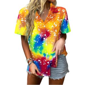 Women Hawaiian Shirt Soft Cool Summer Hawaii Tshirts Beach Tropic Print V Neck Button up Tops Floral Short Sleeve Tops (Medium, Tie Dye Yellow-2)