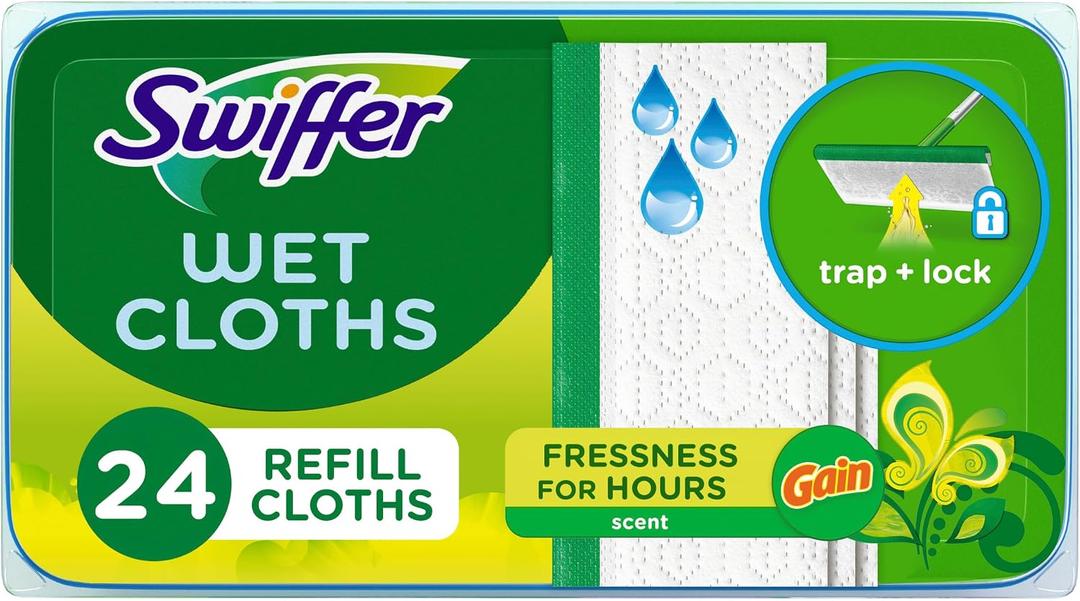 Swiffer Sweep + Mop, Wet Pads Refill, Floor Cleaner for Dirt, Dust, Hair, Cleaning Cloths for Mopping Home, Bathroom, Kitchen, All Purpose Multi-Surface Floor Wipes, Gain, 24ct