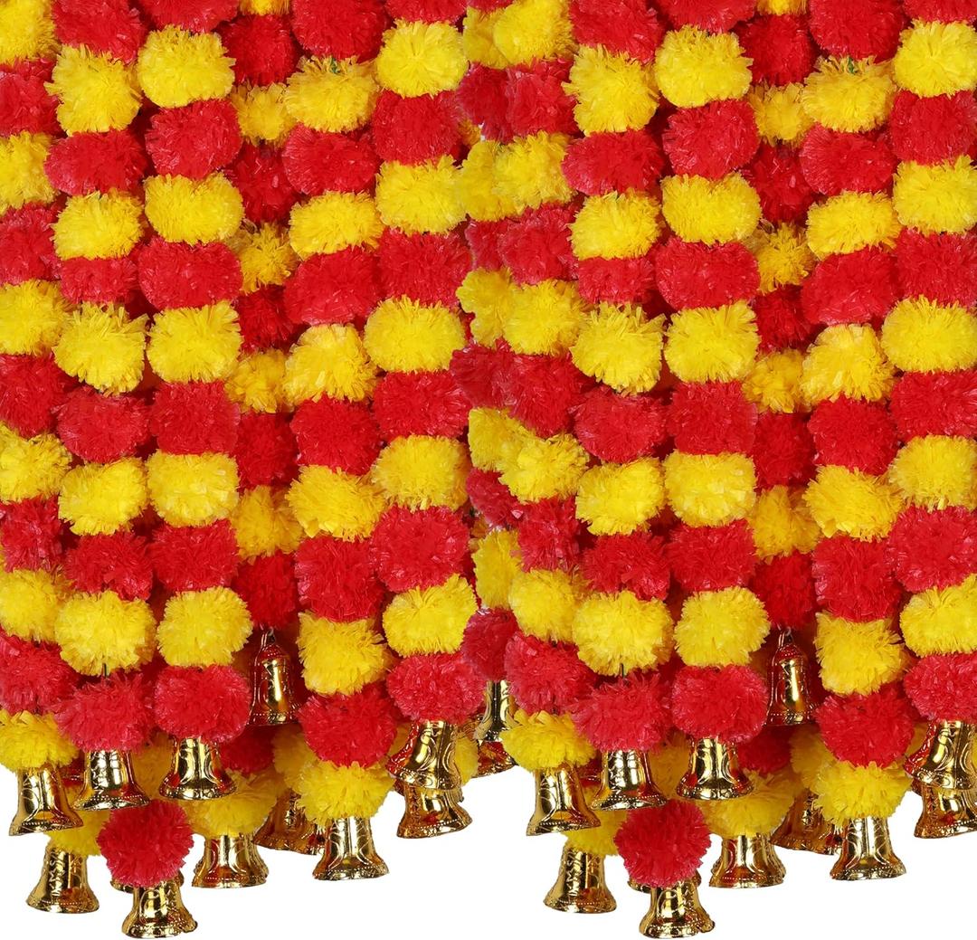 Marubhumi 5-PC Artificial Marigold Flower Garland 4.5 Feet Long Strands with Bells | Yellow & Red | Diwali, Wedding, Home & Christmas Decor