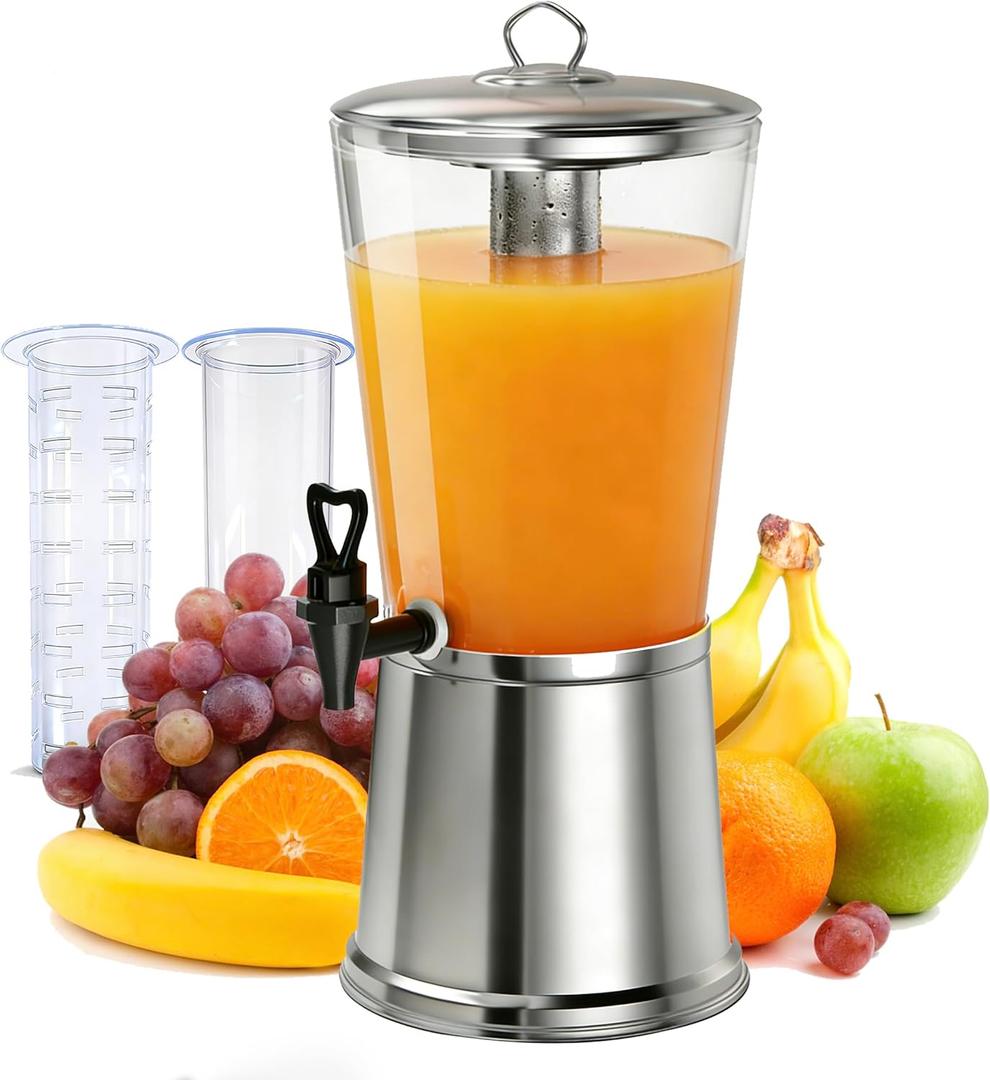Beverage Dispenser with Stand, 2.5 Gallon Drink Dispenser for Parties,Events,Buffet &Self-Serve,Dual Ice Tube Core Fruit Infuser,Leakproof Spigot,Clear PC Container, Stainless Steel Lid&Base