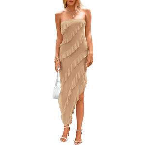 PRETTYGARDEN Womens Spring Cocktail Dresses 2026 Strapless Bodycon Ruffle Elegant Summer Wedding Guest Graduation Midi Dress