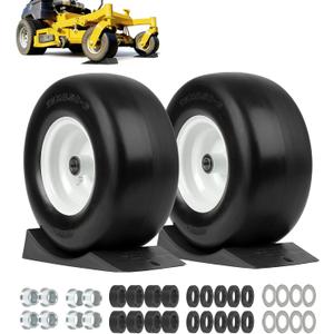 13x6.50-6 Flat Free Lawn Mower Tire and Wheel, Comes with Saver Ramp, 3/4" or 5/8" or 1/2" Bearing Bore, 3"-3.5"-4"-4.5"-5" Centered Hub, Smooth Tread Tire for Zero Turn Mowers, 2 Pcs