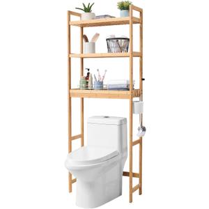 VEVOR Over The Toilet Storage, 3-Tier Adjustable Over Toilet Bathroom Organizer, Bamboo Storage Shelf Rack with 3 Hooks, Freestanding Easy Assembly Laundry Space Saver, Fit Most Toilets