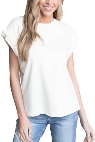 Poetsky Womens Cap Sleeve Tank Tops 2025 Summer Casual Loose Fit Braided Detail Blouse Crew Neck T Shirts L