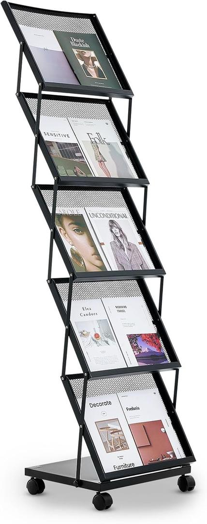 VEVOR Brochure Display Rack, Foldable 5 Pockets Magazine Literature Display Stand, Movable Floor Standing Magazine Rack with Wheels, Metal Newspaper Catalog Holders for Shop Exhibitions Office Show