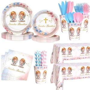 AIBIIN 194 Pcs Boho Nuestro Bautizo Baptism Party Decorations Supplies Twins First Holy Communion Party Decorations God Bless Disposable Tableware Set with Plates Napkins and Tablecloth Serves 24