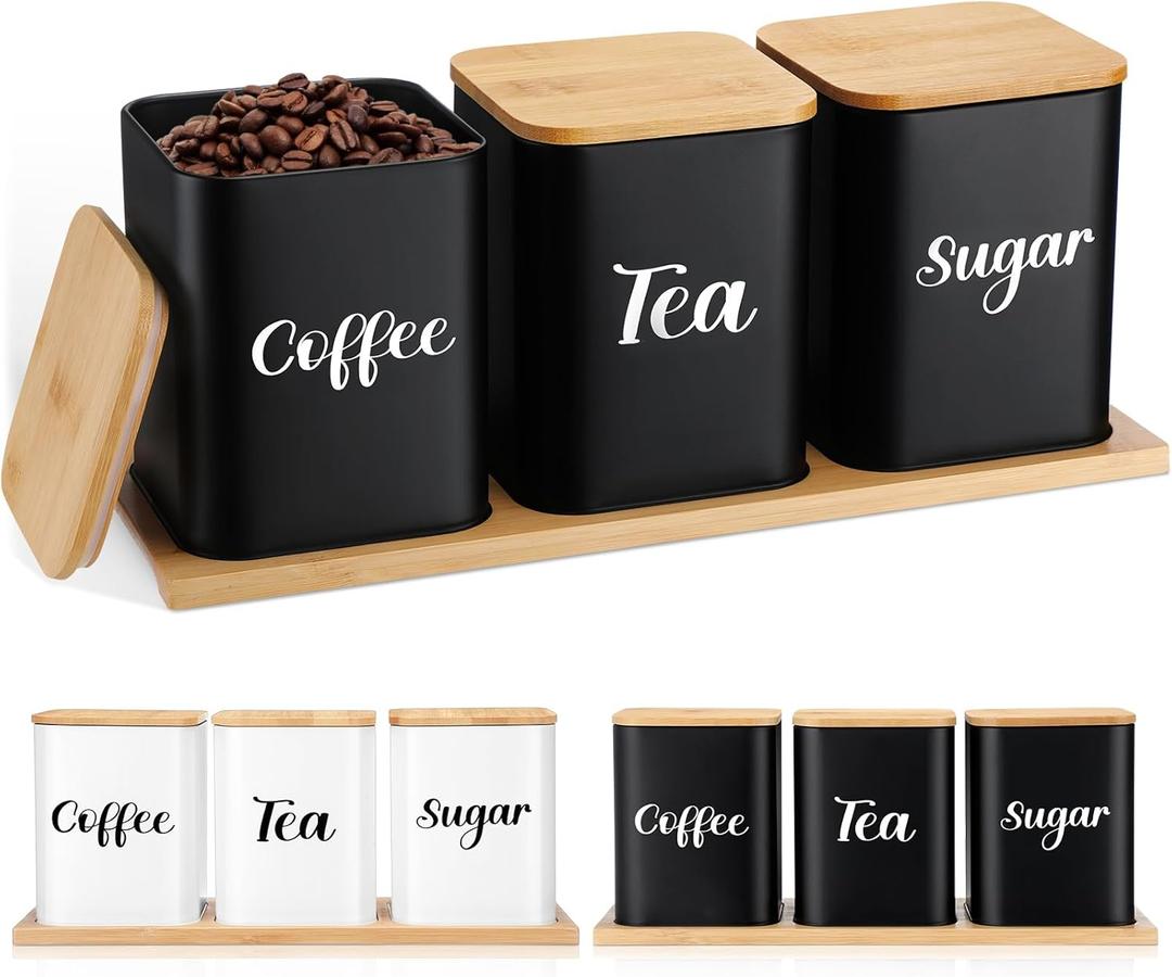 Tioncy Coffee Tea Sugar Container with Tray Set of 3 Airtight Metal Canister with Bamboo Lid Tray for Kitchen Counter Dining Room Farm House Kitchen Style Drink Station Organizer Set (Black)