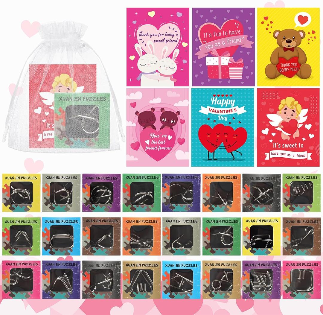 Gemscream 24 Pcs Valentine's Day Metal Puzzles Gifts Box with Cards for Teen Bulk 3D Wire Puzzle Metal Brain Teaser Puzzles Valentine Party Favors for School Classroom Exchange Prize Mind Challenge