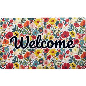 Welcome Mat 17x29 Inch Spring Summer Outdoors Indoors Front Door Mat, Low Profile Doormat for Outside Inside Home Entrance, Non Slip Rubber Back Floor Rugs for Entryway, Spring Flower