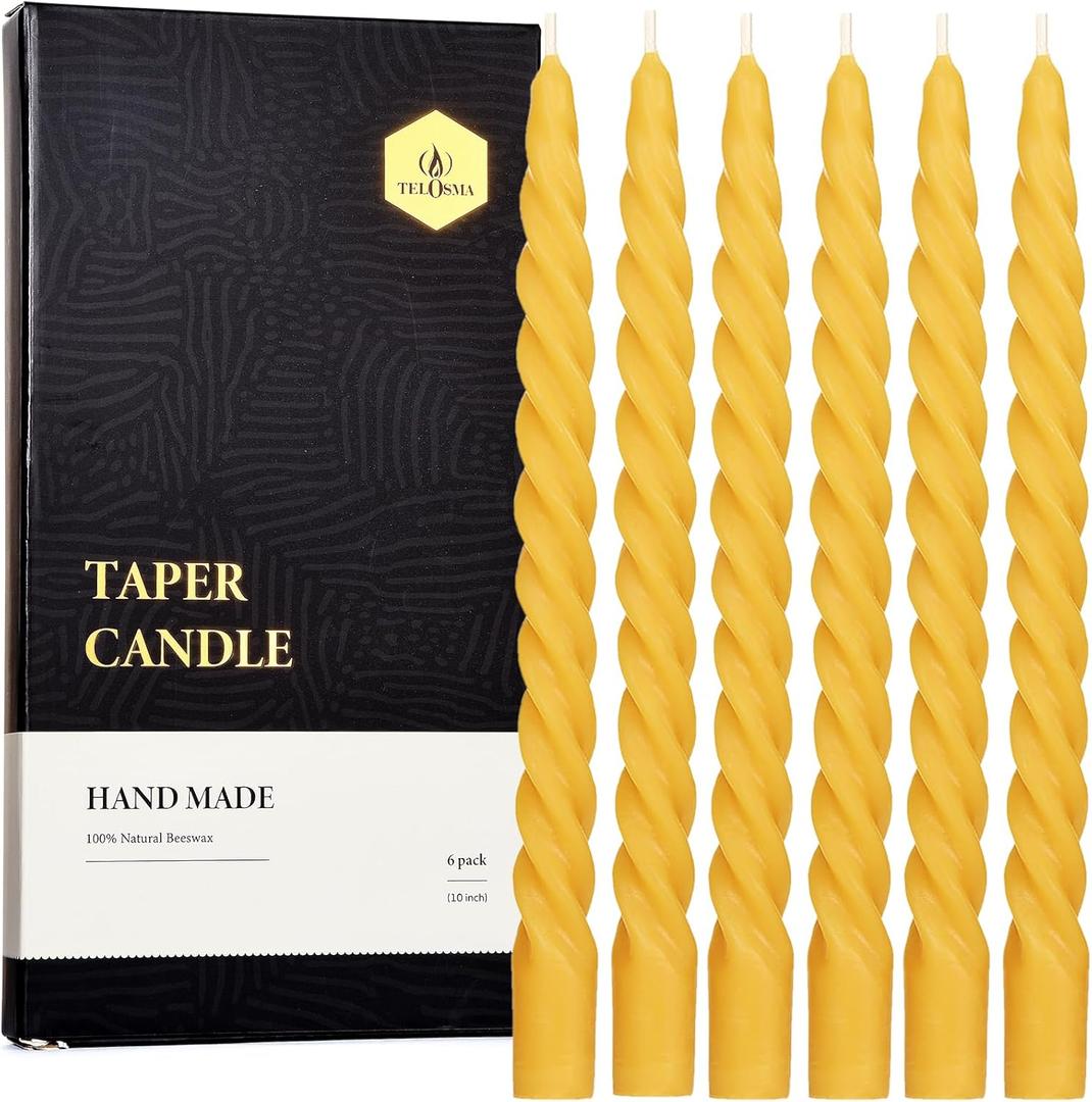 Natural Beeswax Swirl Taper Candles Pack of 6, Dripless Long Candle Sticks for Dinner Wedding Party Christmas Home Decorations - 10 Inch Tall - Yellow