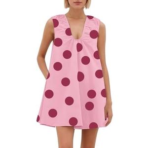Lenader Women Summer Polka Dot Mini Dress Cute Flowy Sleeveless Babydoll Sundress Ruched A-Line Tank Short Dress with Pockets L