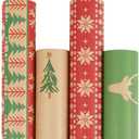 LaRibbons Kraft Christmas Wrapping Paper Set, 30 Inch X 10 Feet (4 Rolls: 100 Sq. Ft. Ttl) Snowflake, Green Tree, Deer Antlers and Gift Box Shapes Design for Xmas, Party, Holiday, Celebration
