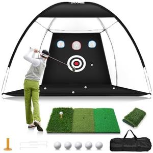 Golf Net, 10x7FT Home Golf Hitting Aids Equipment with Foldable Tri-Turf Mat for Backyard Driving Chipping Swing with Training Target/Balls/Tee for Outdoor Indoor, Gifts for Men Him Dad Boys Golfers