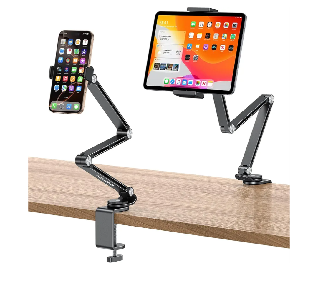 OMOTON Adjustable Tablet Stand for iPad, Desk Phone Holder for Bed with 2 Clamps, Flexible Aluminum Alloy Mount with 360° Rotation for 4-13" Devices (Black)