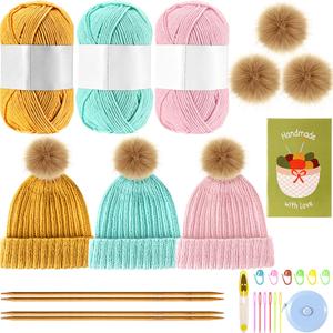 Maasechs Knitting Kit for Beginners Adults Complete Hat Knitting Kits Learn to Knit Kits with Yarn Bamboo Needle Pom Pom Step-by-Step Instruction Knit Accessories for Mother Women Men Gifts(Bright)