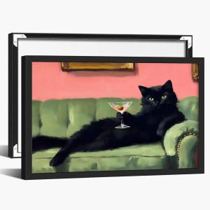 Funny Black Cat Cocktail Poster Whimsical Bar Cart Wall Art Trendy Animal Canvas Print Modern Humorous Pet Posters Pink Decor for Kitchen Bedroom Living Dining Room 18x12inch black framed (18L" x 12W")