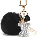YOU WIZV Kawaii Cute Bear Keychain for Women, Bling Gummy Teddy Bear Pom Pom Key Chain Girly Wristlet Keychain for Backpack (Black)
