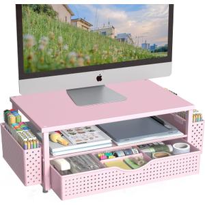 Spacrea Desk Organizer and Accessories, Computer Monitor Stand Riser with Drawer and 2 Pen Holders, Office Desk Accessories & Workspace Organizers for Office Supplies (Pink)