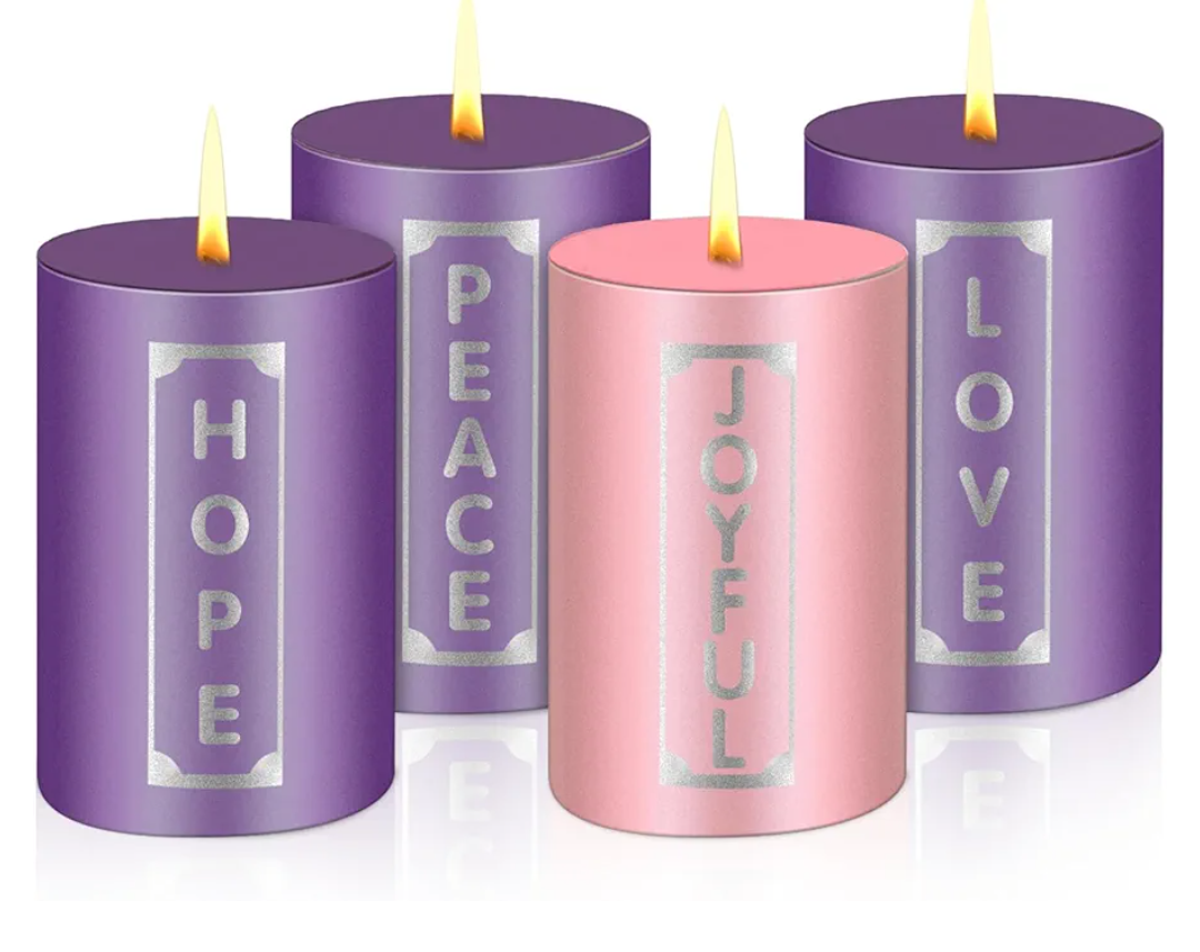 MTLEE Set of 4 Christmas Advent Candles with Words Pillar Candles Advent Wreath Candles for Adult Home Wedding Advent Rings Wreaths Church Receptions Celebrations, Purple Pink (2 x 3'')