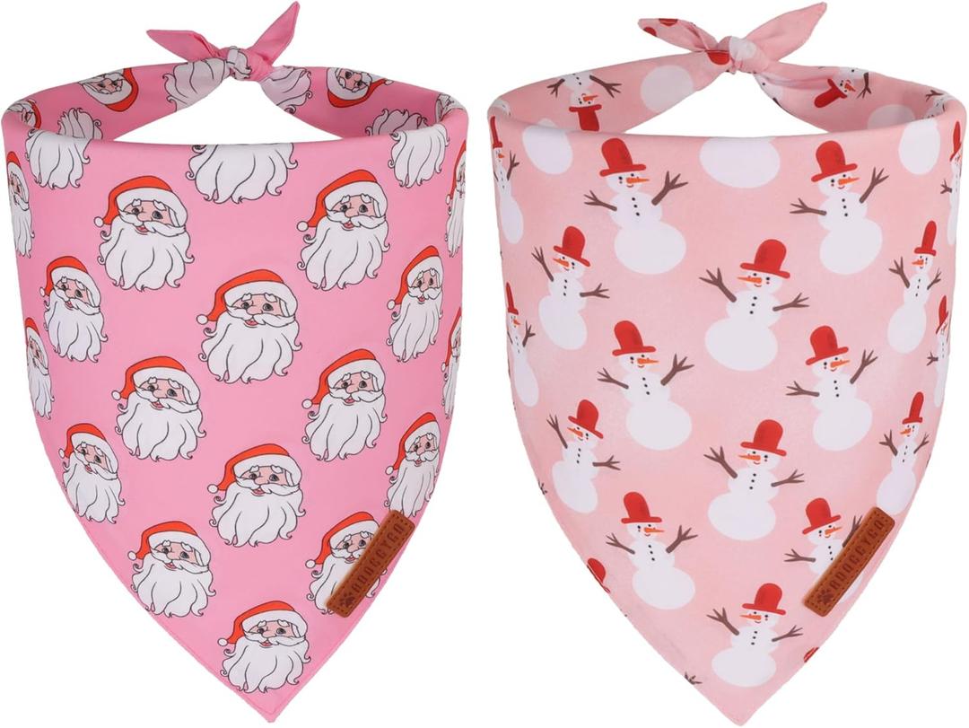 ADOGGYGO Pink Christmas Dog Bandanas 2 Pack, Reversible Santa Snowman Xmas Scarf Bib, Adjustable Fit Pink Christmas Bandana for Medium Large Dogs Girl (Large)